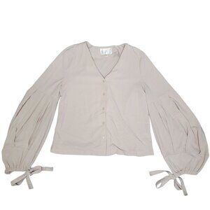J.O.A. Los Angeles V-Neck Blouse With Puff Sleeves & Tie Cuffs Size Medium Beige
